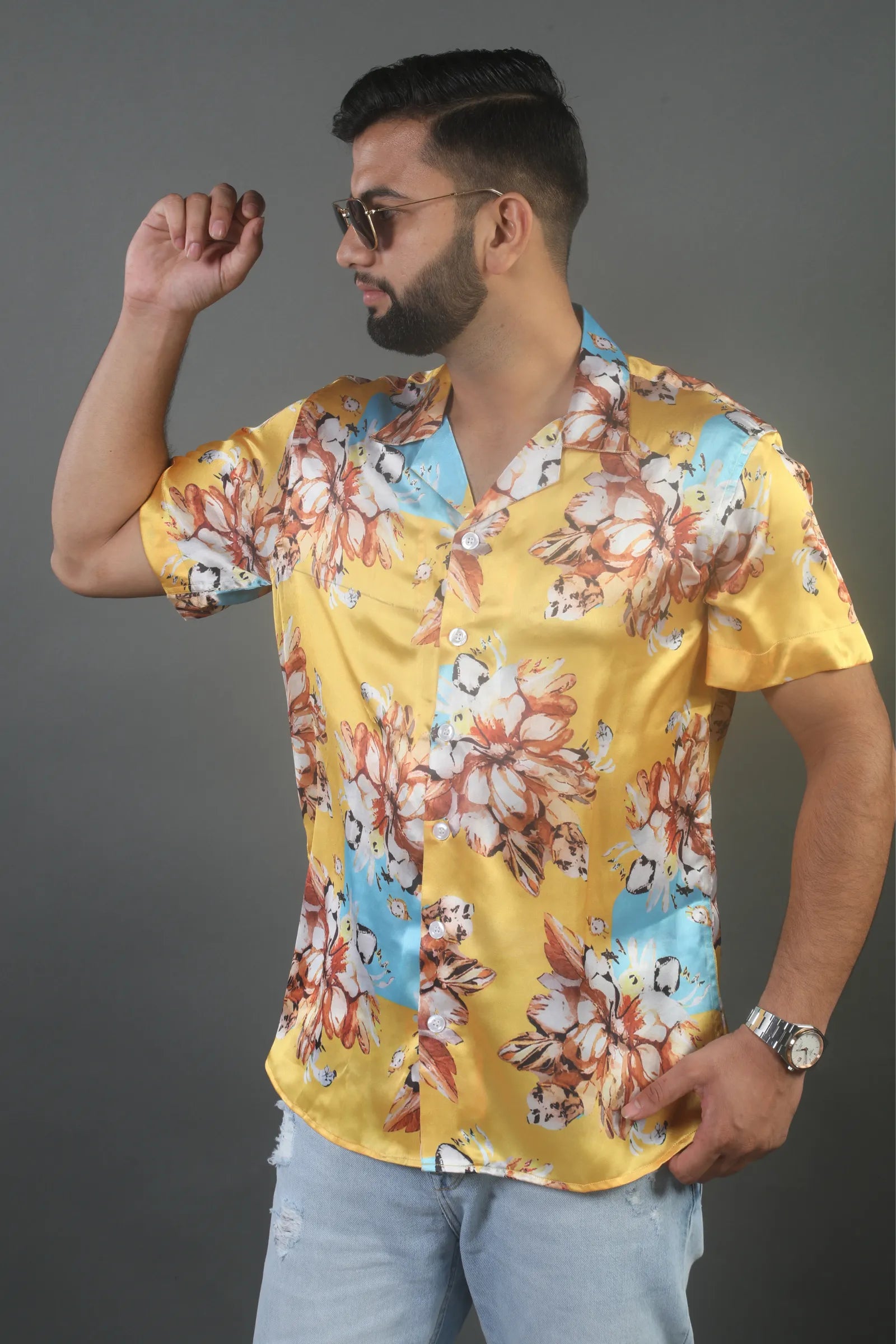 Yellow Flower Printed Satin Shirt