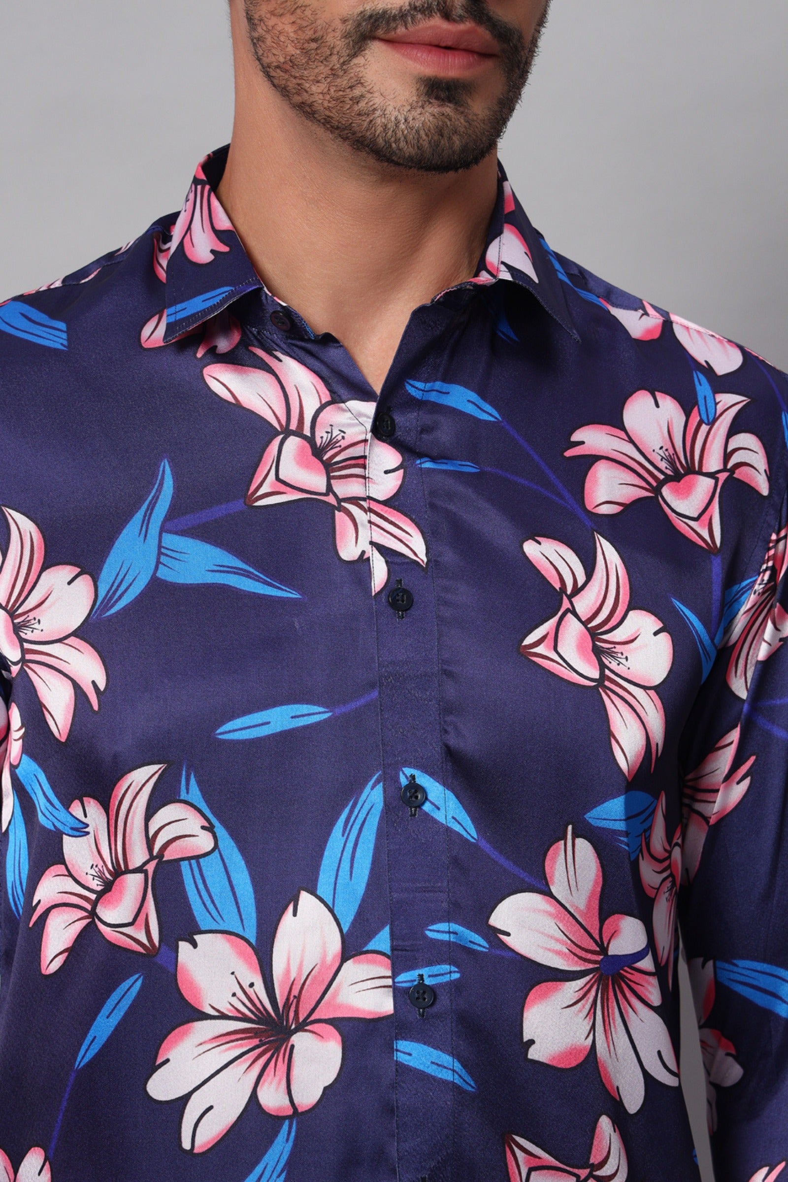 Navy Blue Flower Printed Shirt