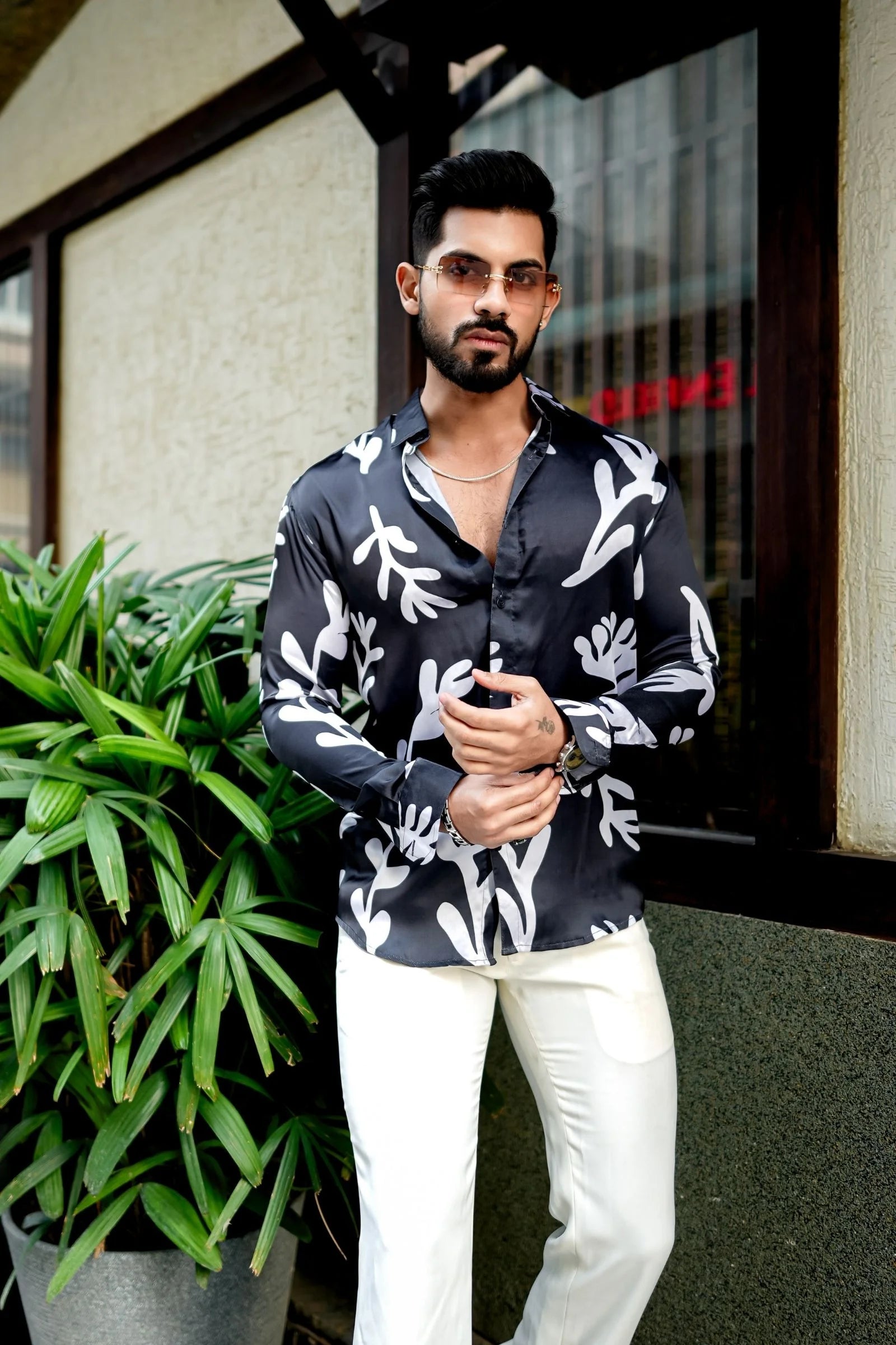 Black with White leaf Printed Shirt