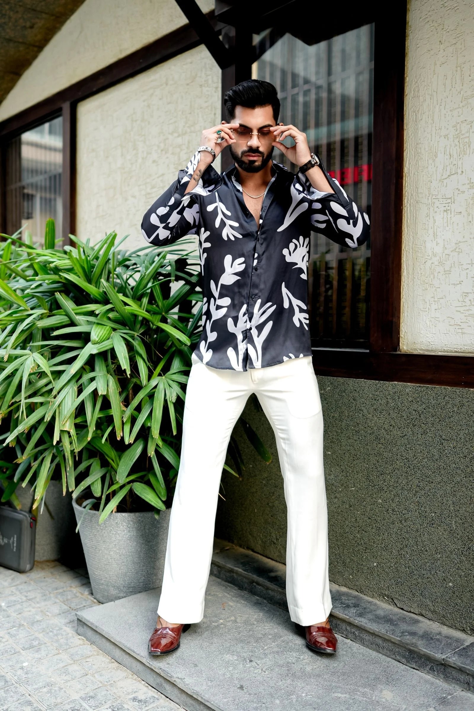 Black with White leaf Printed Shirt