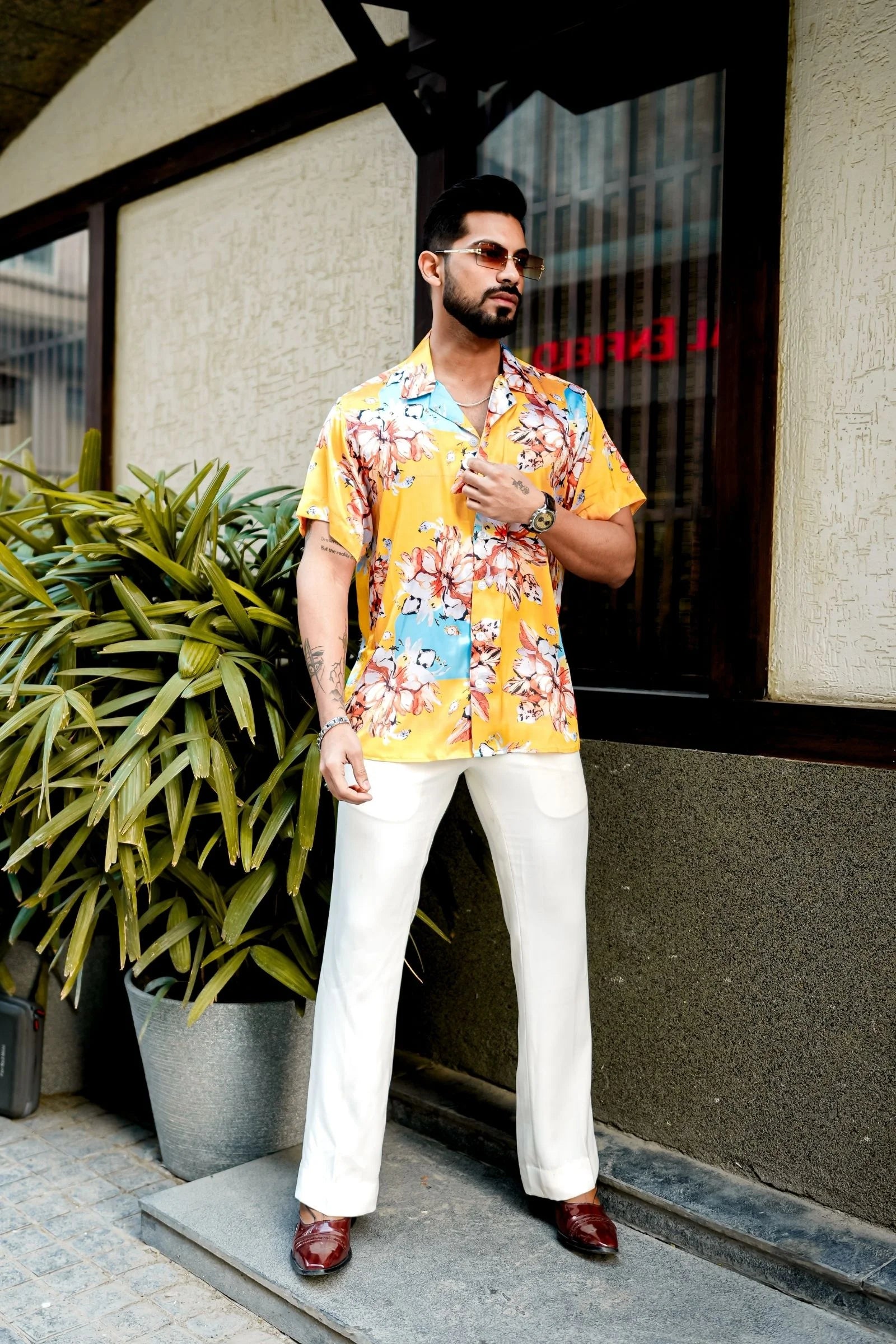 Yellow Flower Printed Satin Shirt