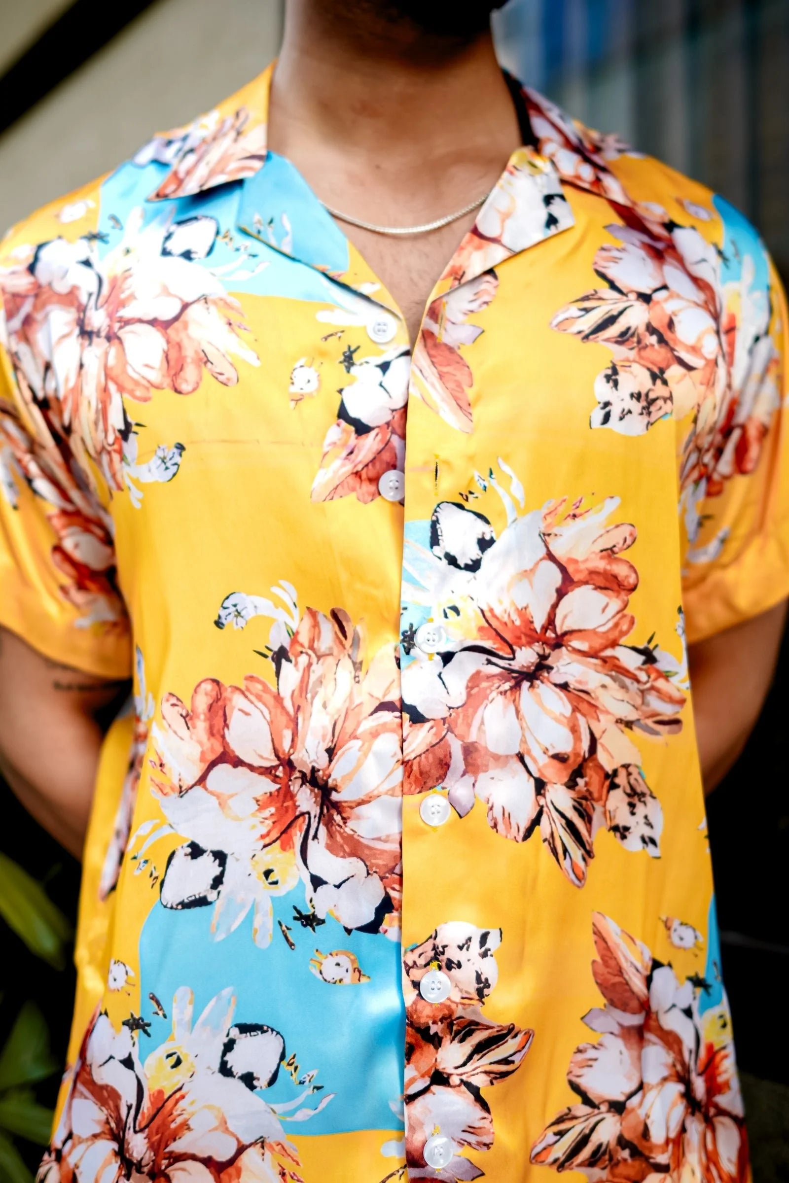 Yellow Flower Printed Satin Shirt