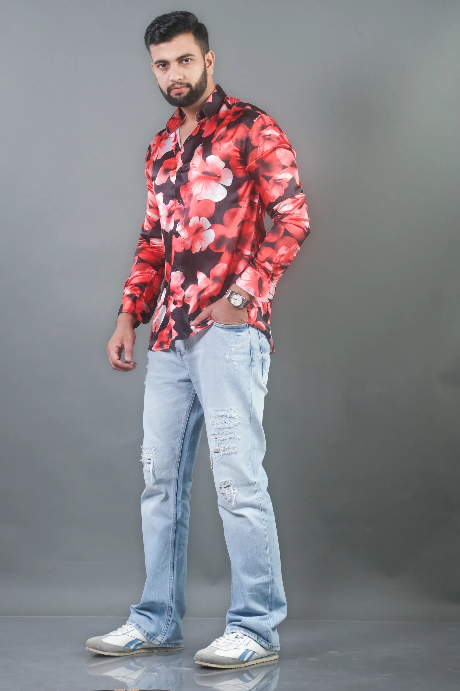 Red & Black Flower Printed Satin Shirt