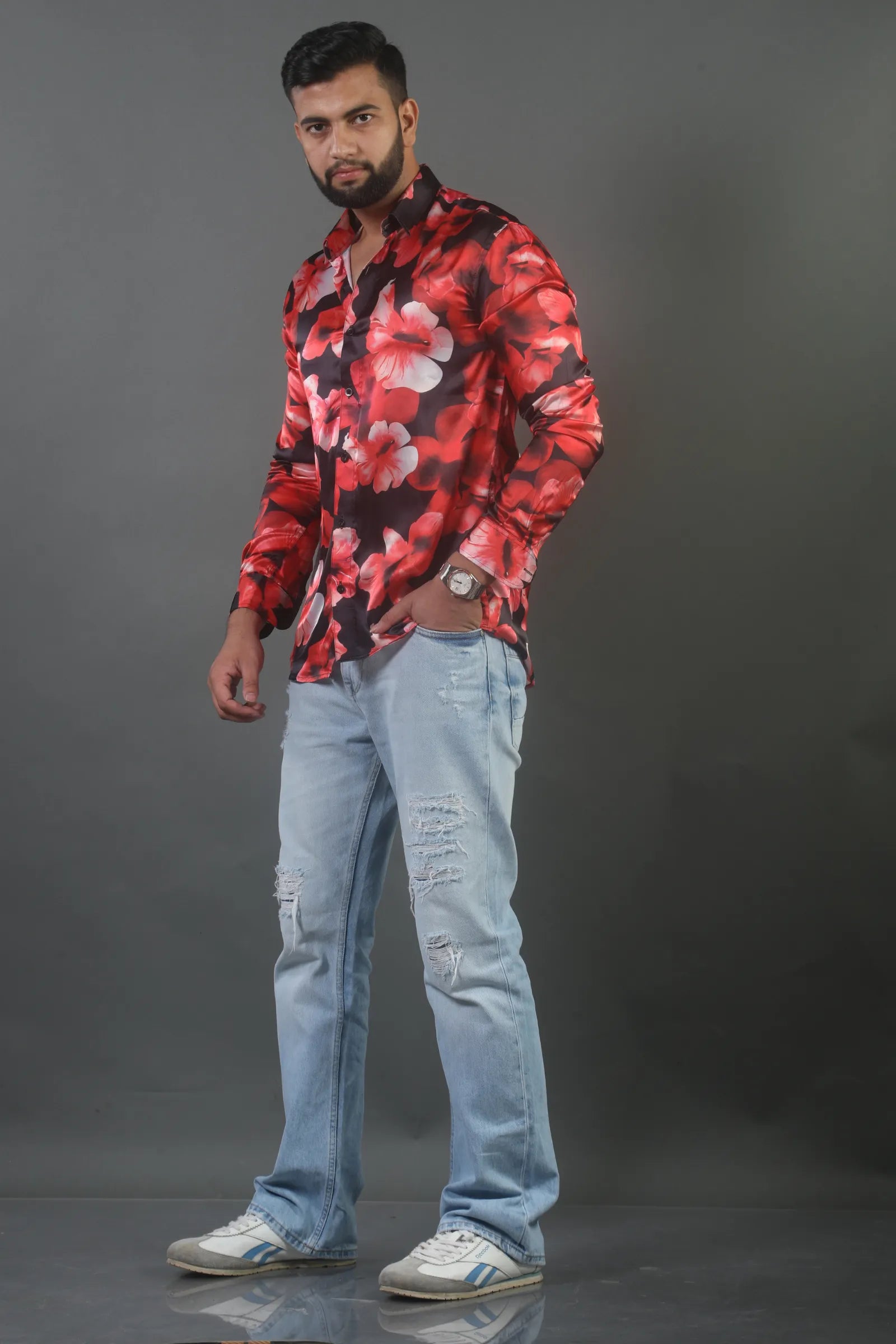 Red & Black Flower Printed Satin Shirt