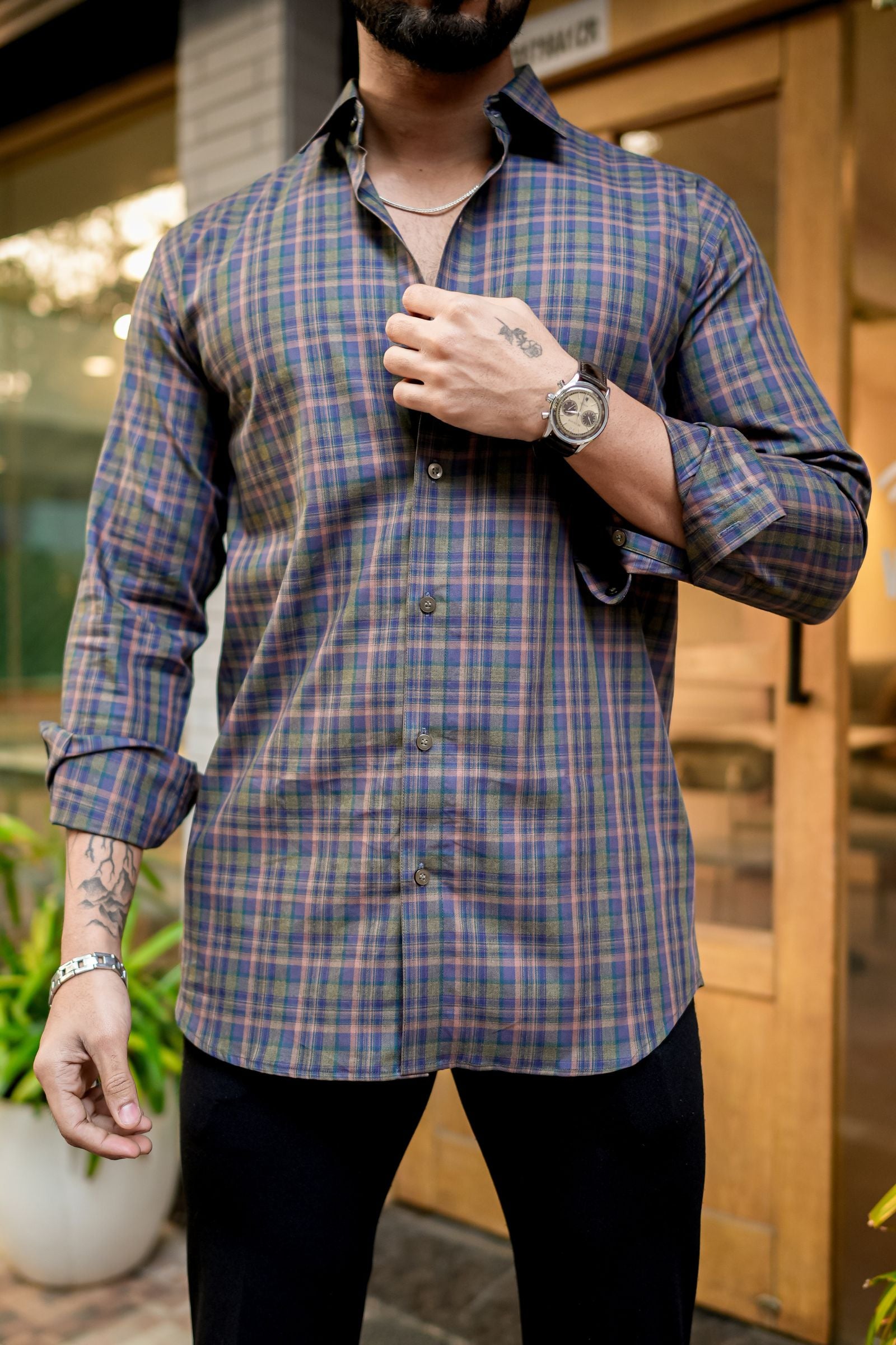 Green with Violet Check Premium Cotton Shirt