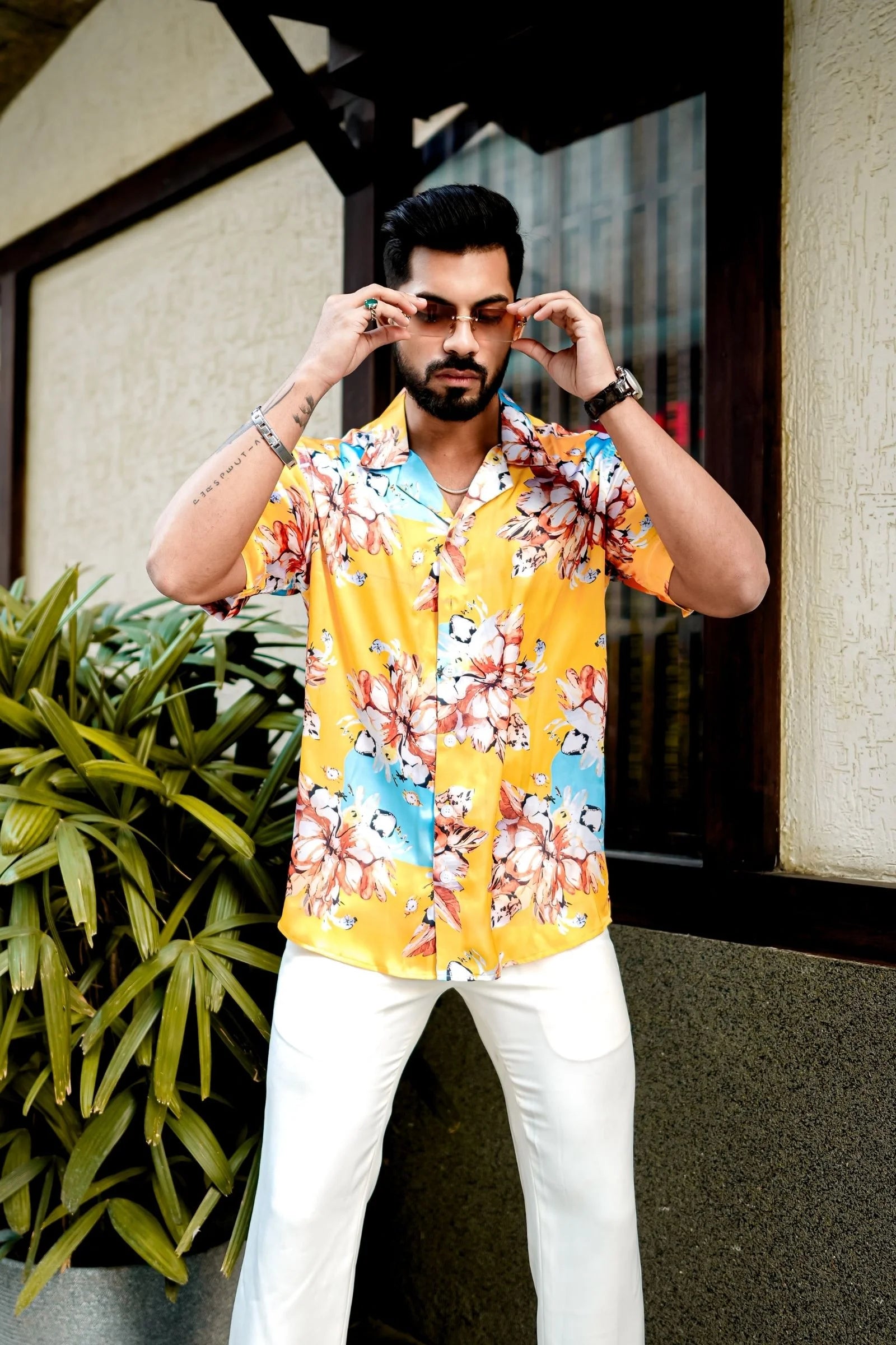 Yellow Flower Printed Satin Shirt