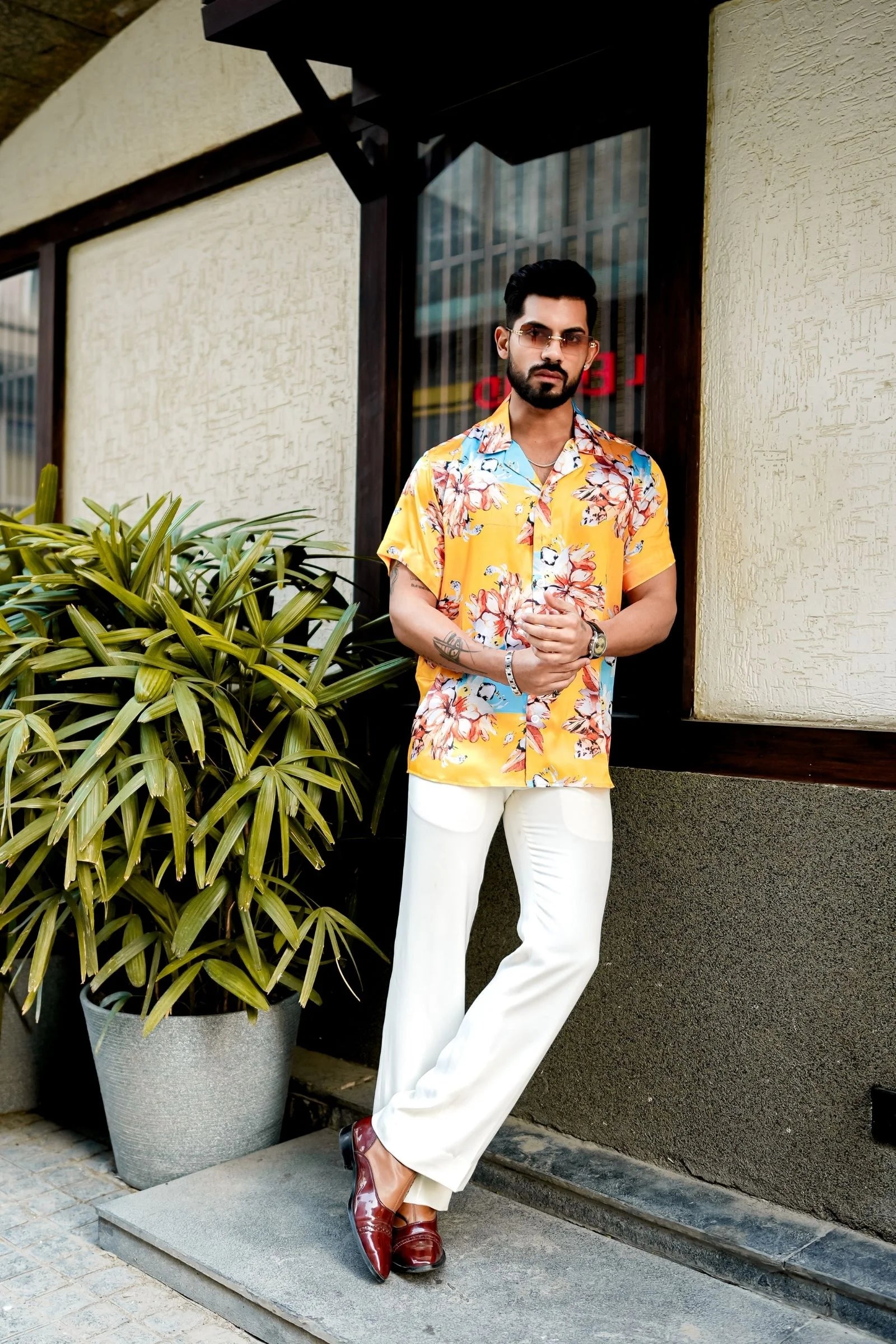 Yellow Flower Printed Satin Shirt