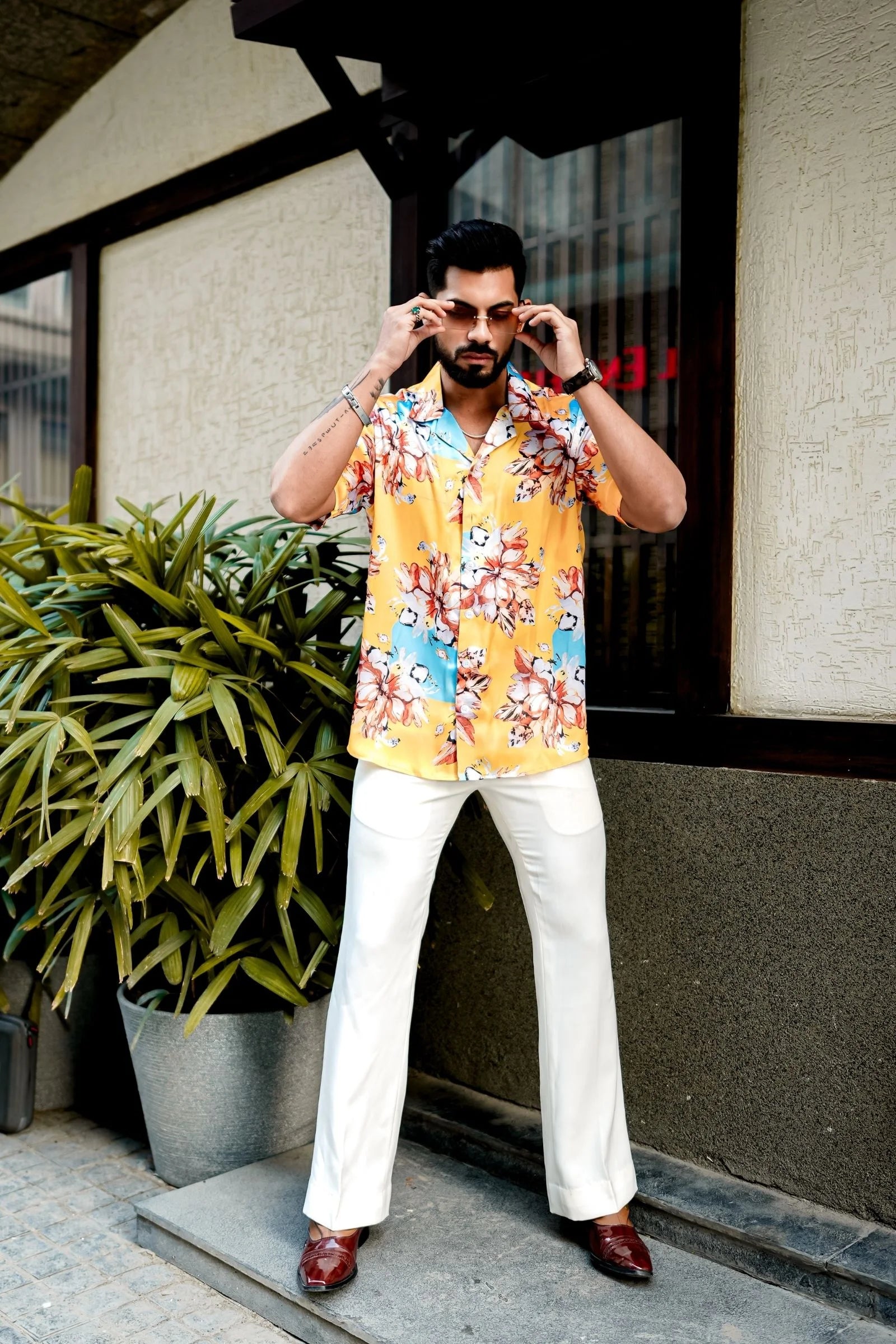 Yellow Flower Printed Satin Shirt