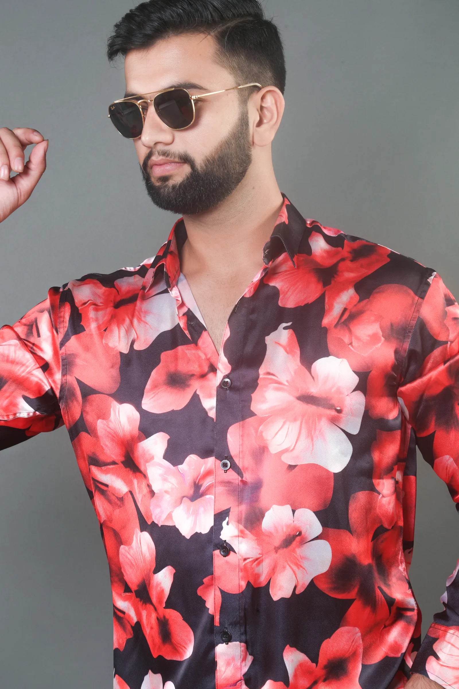 Red & Black Flower Printed Satin Shirt