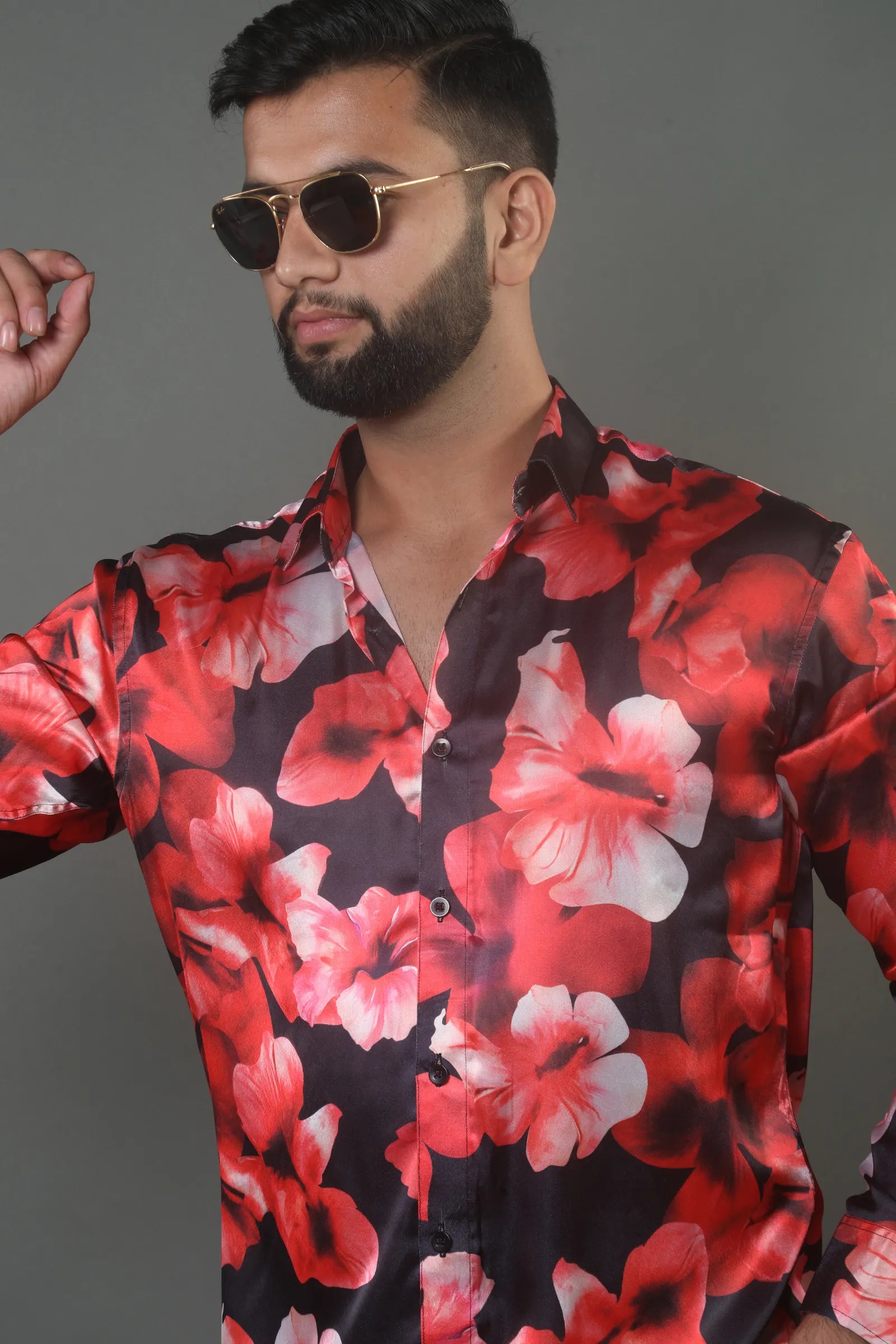 Red & Black Flower Printed Satin Shirt